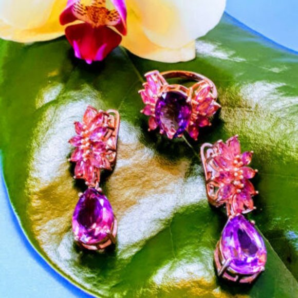 Natural Amethyst & Tourmaline Rose Gold on Sterling Silver Earrings & Ring 7.5 - Picture 3 of 15